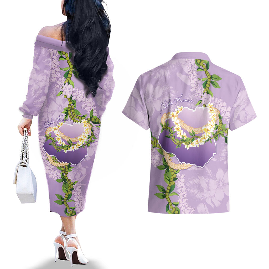 Hawaii Kauai Island Flowers Lei Couples Matching Off The Shoulder Long Sleeve Dress and Hawaiian Shirt Mokihana Lei LT7 - Polynesian Pride