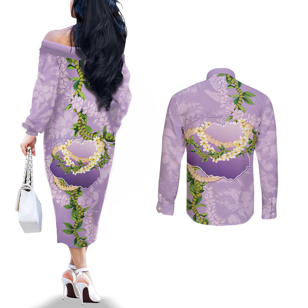 Hawaii Kauai Island Flowers Lei Couples Matching Off The Shoulder Long Sleeve Dress and Long Sleeve Button Shirt Mokihana Lei