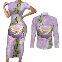 Hawaii Kauai Island Flowers Lei Couples Matching Short Sleeve Bodycon Dress and Long Sleeve Button Shirt Mokihana Lei