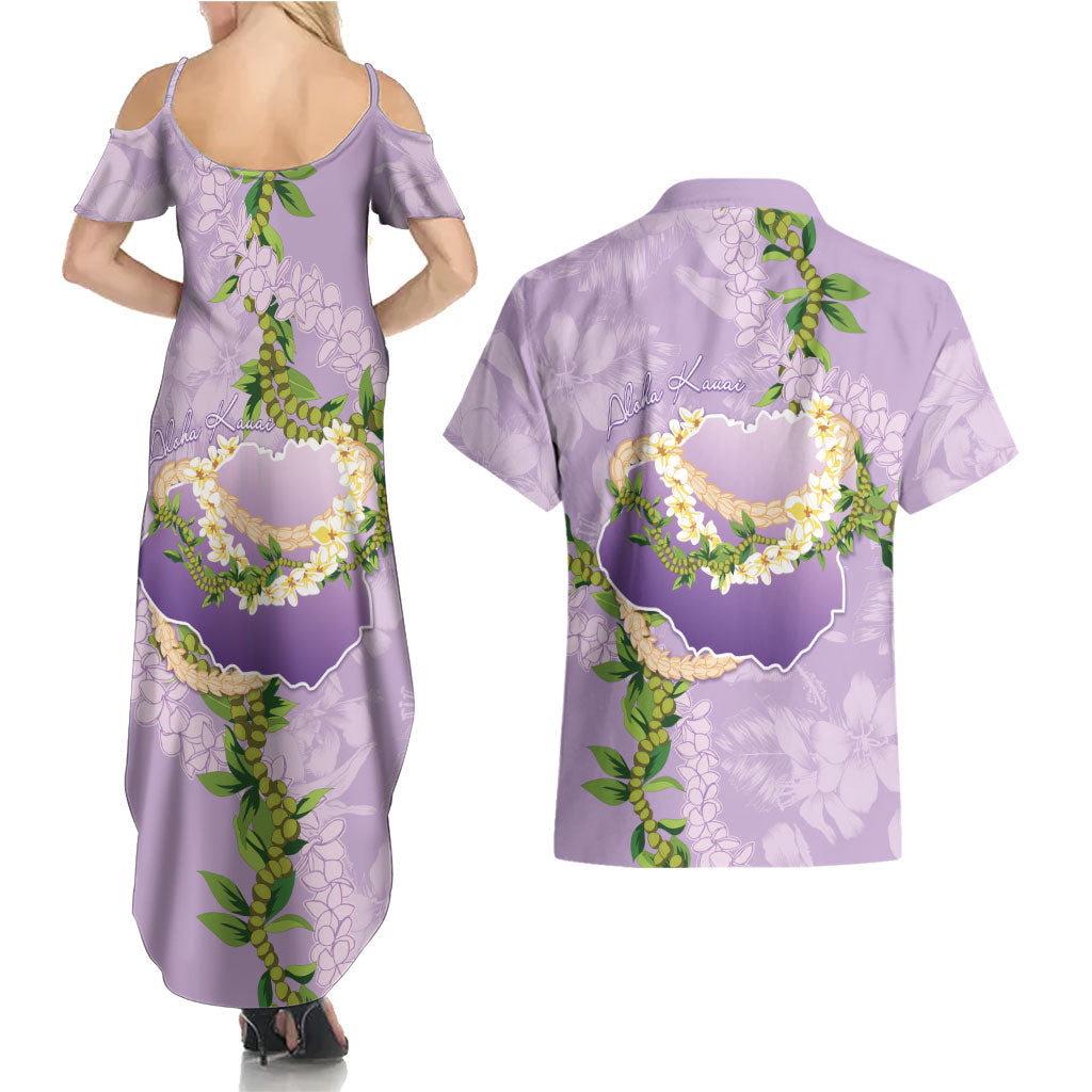 Hawaii Kauai Island Flowers Lei Couples Matching Summer Maxi Dress and Hawaiian Shirt Mokihana Lei