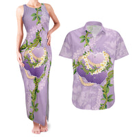 Hawaii Kauai Island Flowers Lei Couples Matching Tank Maxi Dress and Hawaiian Shirt Mokihana Lei