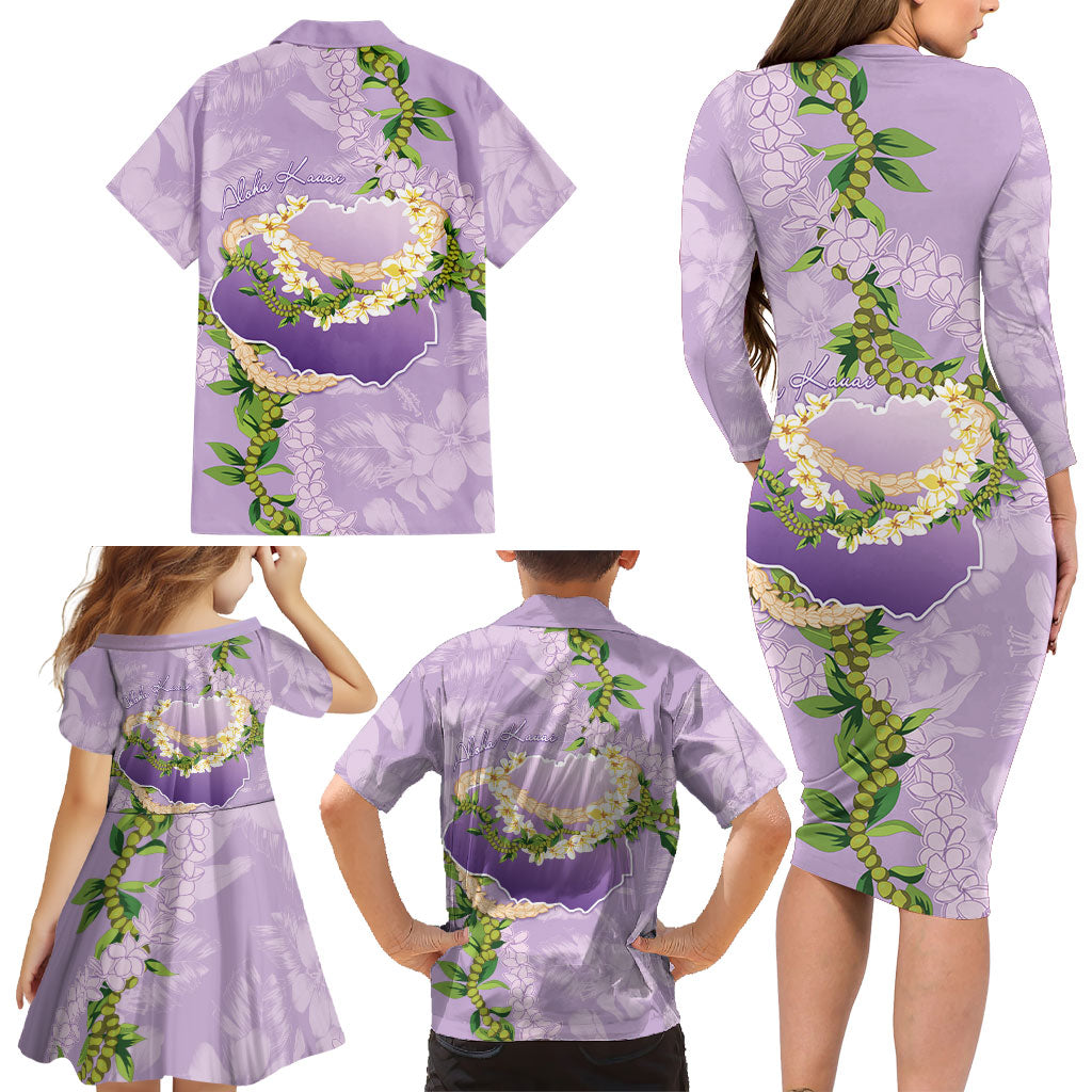Hawaii Kauai Island Flowers Lei Family Matching Long Sleeve Bodycon Dress and Hawaiian Shirt Mokihana Lei LT7 - Polynesian Pride