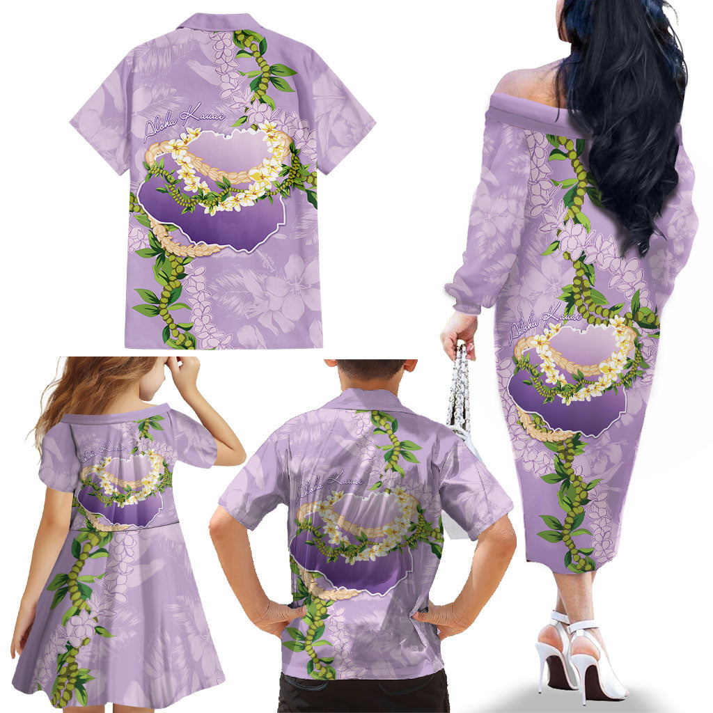 Hawaii Kauai Island Flowers Lei Family Matching Off The Shoulder Long Sleeve Dress and Hawaiian Shirt Mokihana Lei LT7 - Polynesian Pride