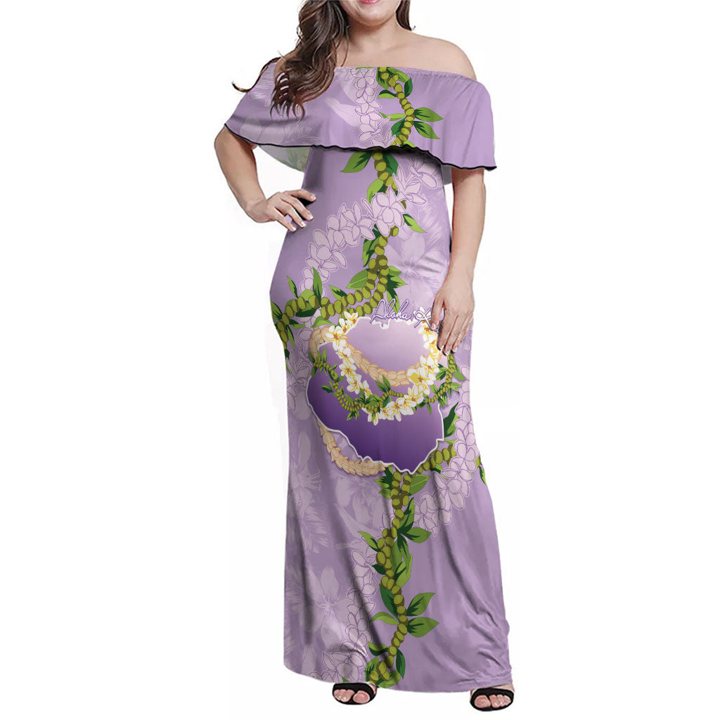 Hawaii Kauai Island Flowers Lei Family Matching Off Shoulder Maxi Dress and Hawaiian Shirt Mokihana Lei LT7 Mom's Dress Lavender - Polynesian Pride