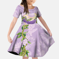 Hawaii Kauai Island Flowers Lei Family Matching Off Shoulder Short Dress and Hawaiian Shirt Mokihana Lei LT7 Daughter's Dress Lavender - Polynesian Pride