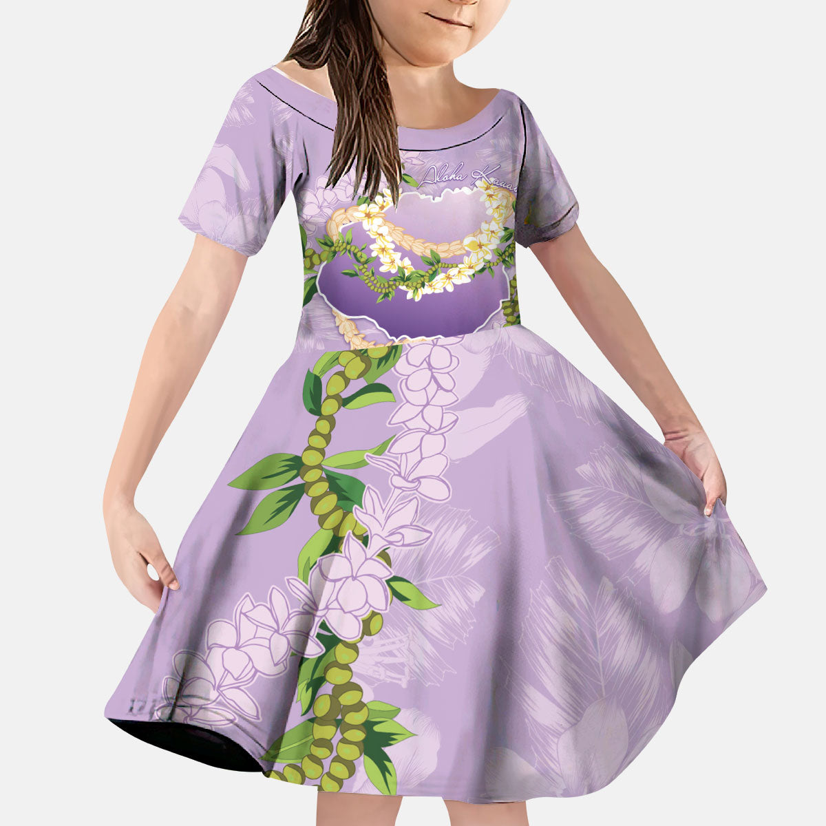 Hawaii Kauai Island Flowers Lei Kid Short Sleeve Dress Mokihana Lei LT7 KID Lavender - Polynesian Pride