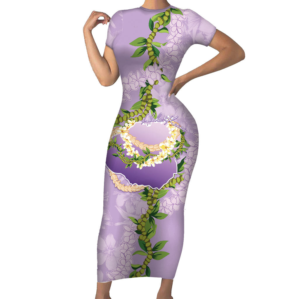 Hawaii Kauai Island Flowers Lei Short Sleeve Bodycon Dress Mokihana Lei