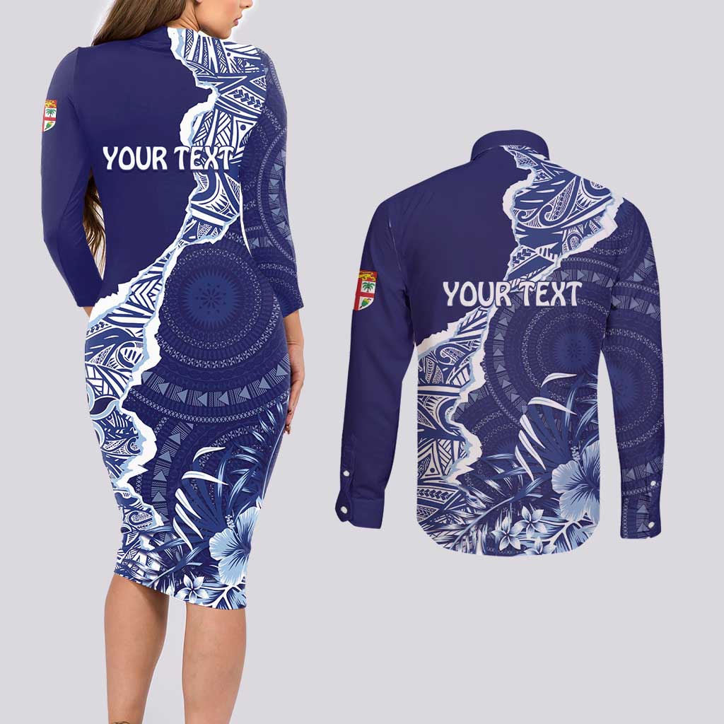 Fiji Queen Victoria School Personalised Couples Matching Long Sleeve Bodycon Dress and Long Sleeve Button Shirt Masi Tapa Torn Style