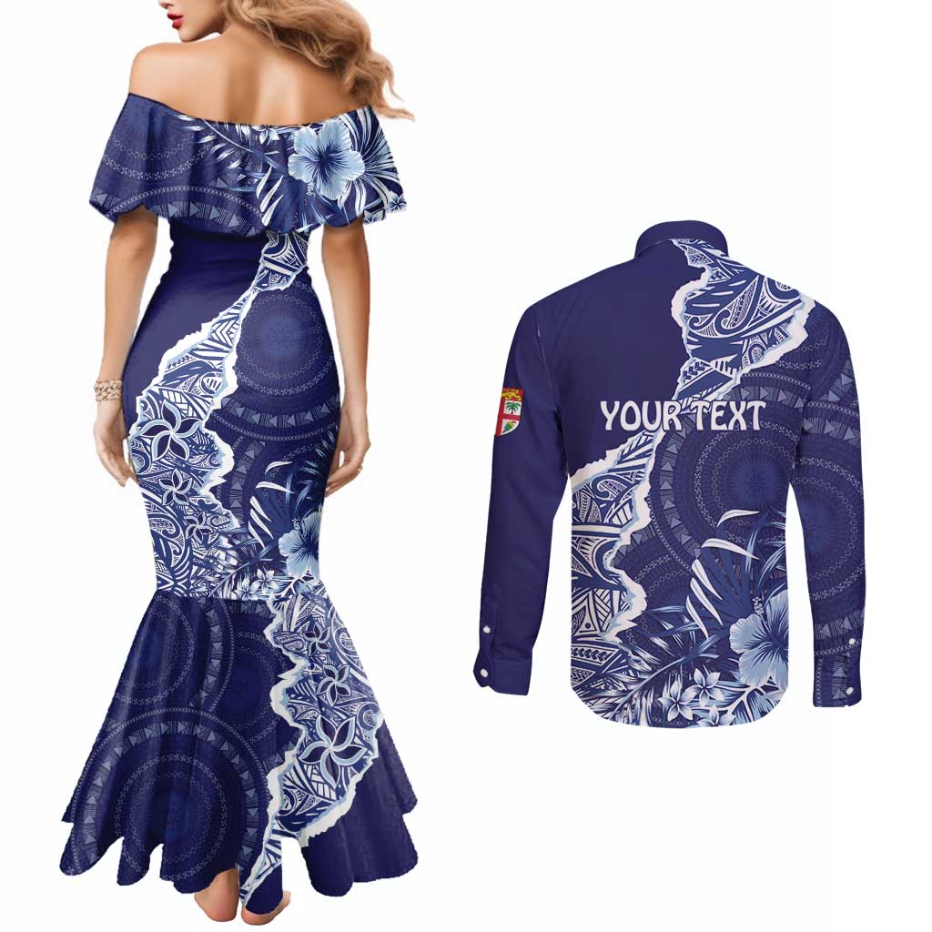 Fiji Queen Victoria School Personalised Couples Matching Mermaid Dress and Long Sleeve Button Shirt Masi Tapa Torn Style
