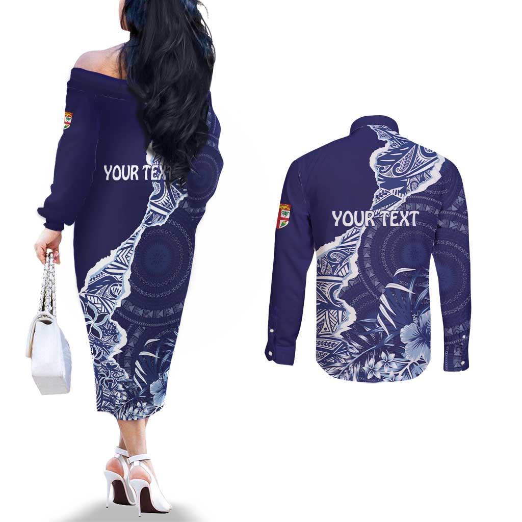Fiji Queen Victoria School Personalised Couples Matching Off The Shoulder Long Sleeve Dress and Long Sleeve Button Shirt Masi Tapa Torn Style