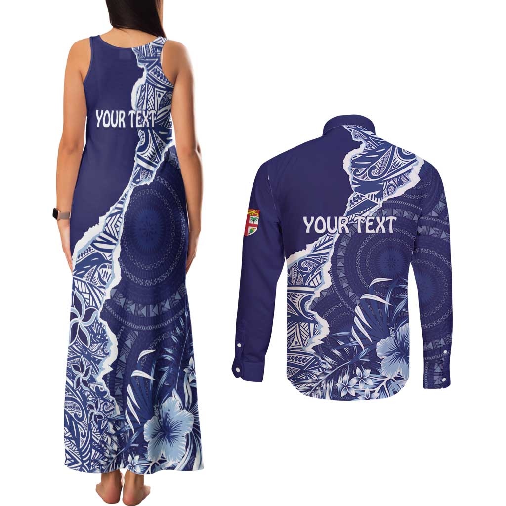 Fiji Queen Victoria School Personalised Couples Matching Tank Maxi Dress and Long Sleeve Button Shirt Masi Tapa Torn Style