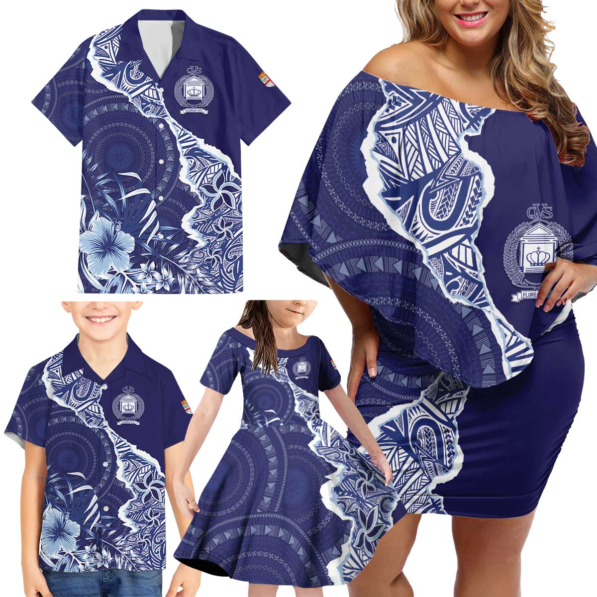 Fiji Queen Victoria School Personalised Family Matching Off Shoulder Short Dress and Hawaiian Shirt Masi Tapa Torn Style