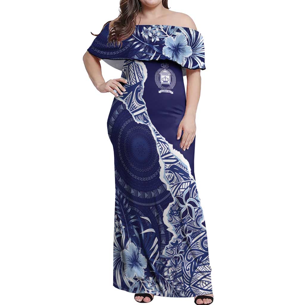 Fiji Queen Victoria School Personalised Off Shoulder Maxi Dress Masi Tapa Torn Style