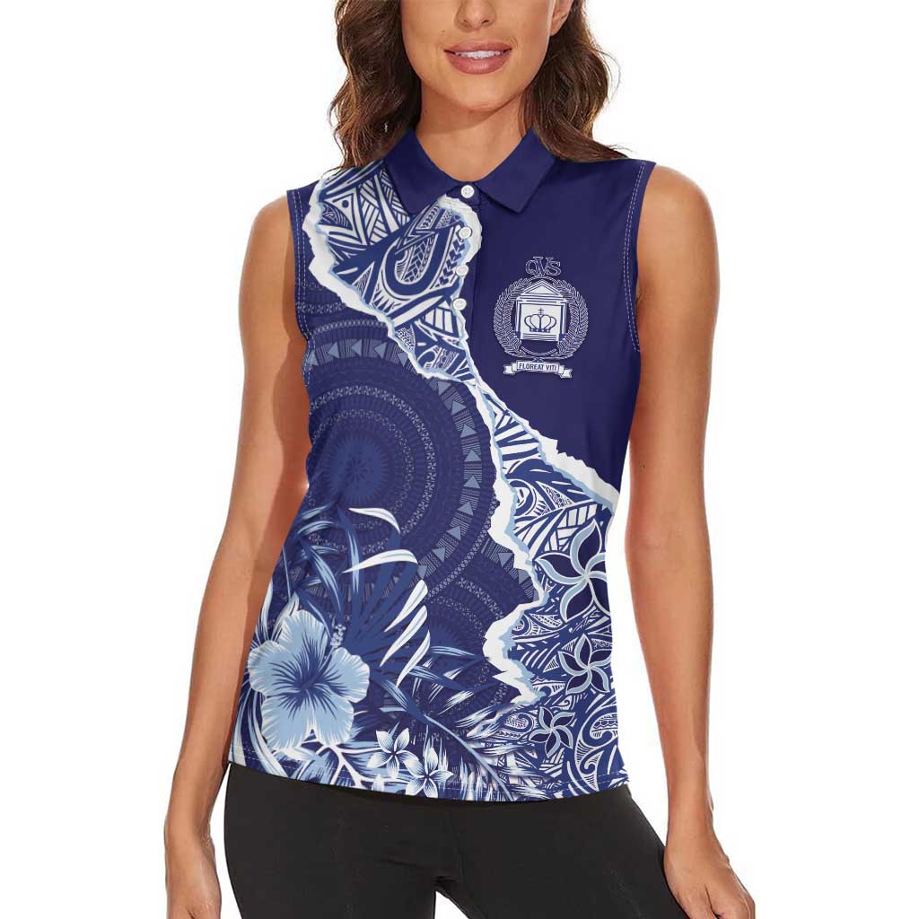 Fiji Queen Victoria School Personalised Women Sleeveless Polo Shirt Masi Tapa Torn Style