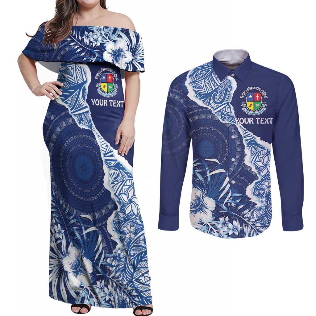 Fiji Lelean Memorial School Personalised Couples Matching Off Shoulder Maxi Dress and Long Sleeve Button Shirt Korodredre Davuilevu Masi Mix Style