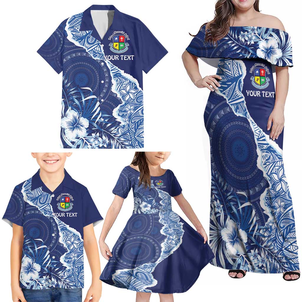 Fiji Lelean Memorial School Personalised Family Matching Off Shoulder Maxi Dress and Hawaiian Shirt Korodredre Davuilevu Masi Mix Style