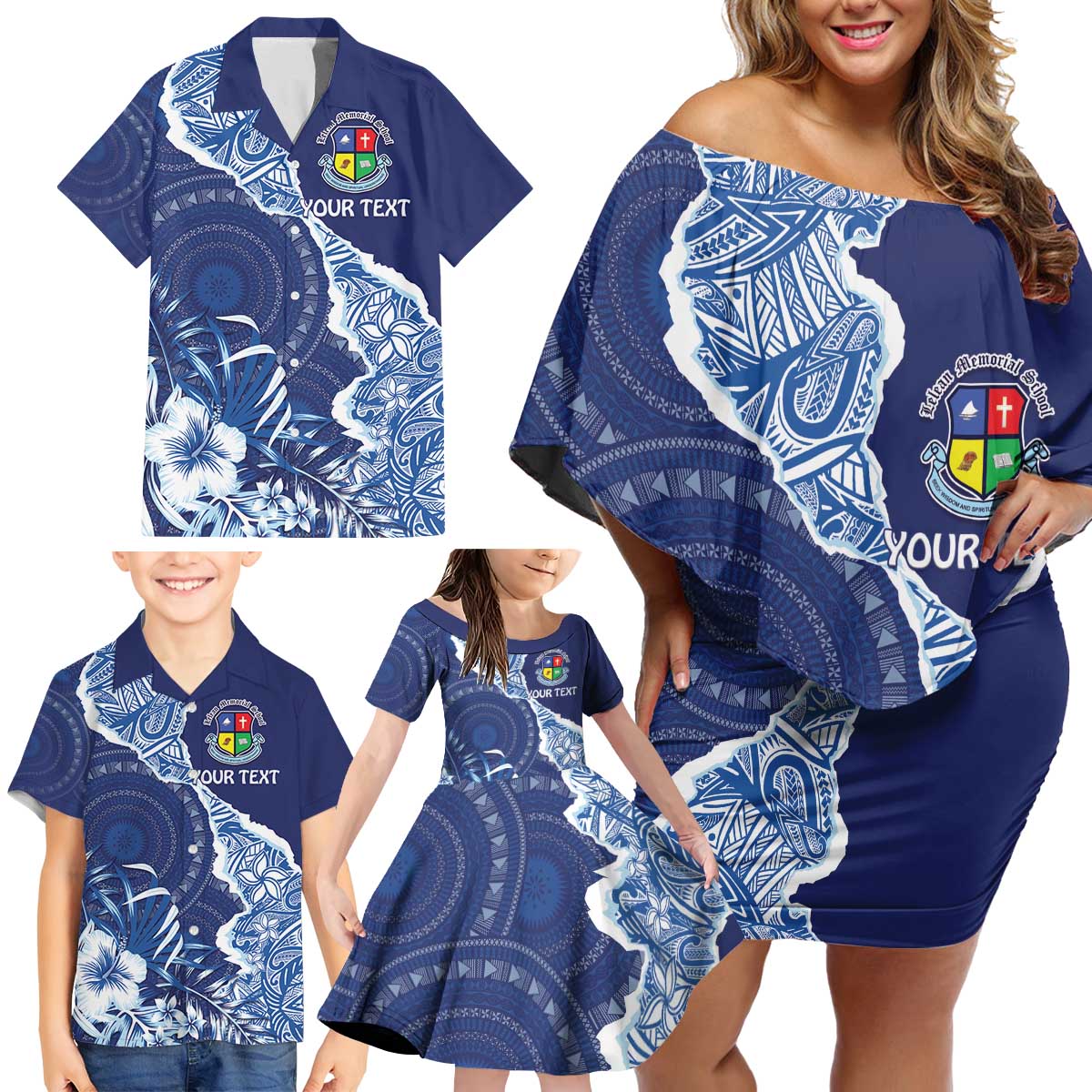 Fiji Lelean Memorial School Personalised Family Matching Off Shoulder Short Dress and Hawaiian Shirt Korodredre Davuilevu Masi Mix Style