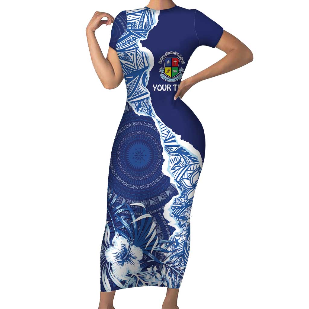Fiji Lelean Memorial School Personalised Short Sleeve Bodycon Dress Korodredre Davuilevu Masi Mix Style LT7 Long Dress Blue - Polynesian Pride