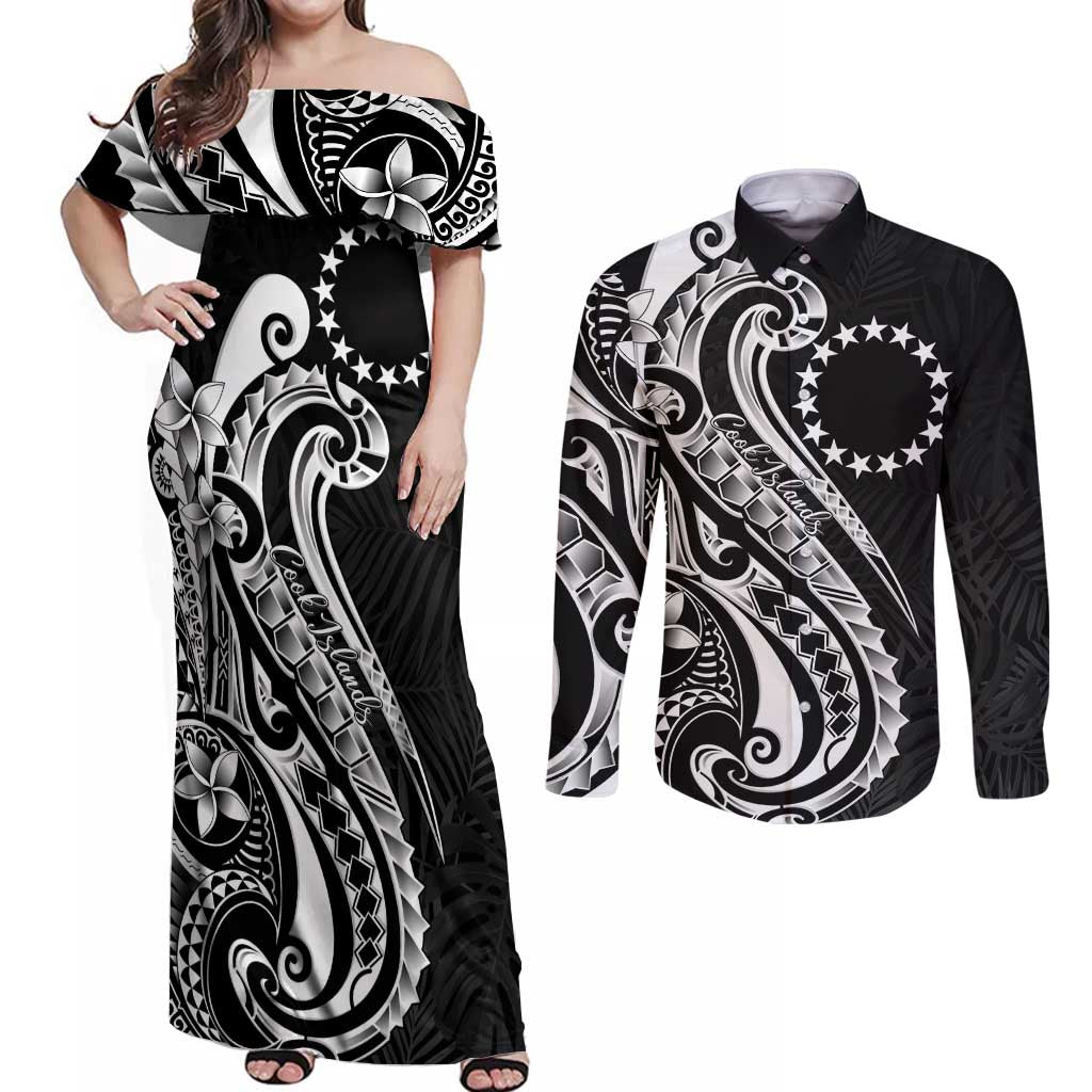 Kia Orana Cook Islands Couples Matching Off Shoulder Maxi Dress and Long Sleeve Button Shirt Kerekere Plumeria Tropical Waves - Polynesian Pride