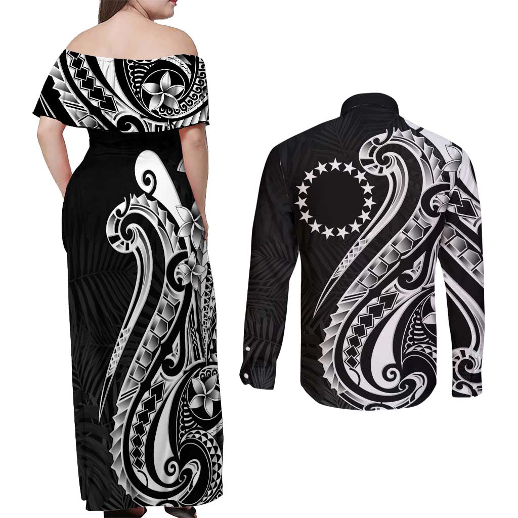 Kia Orana Cook Islands Couples Matching Off Shoulder Maxi Dress and Long Sleeve Button Shirt Kerekere Plumeria Tropical Waves - Polynesian Pride