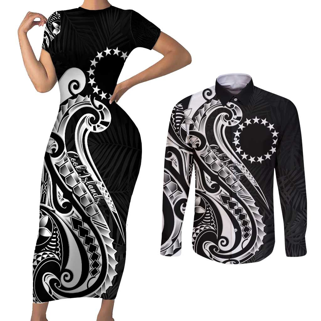 Kia Orana Cook Islands Couples Matching Short Sleeve Bodycon Dress and Long Sleeve Button Shirt Kerekere Plumeria Tropical Waves - Polynesian Pride