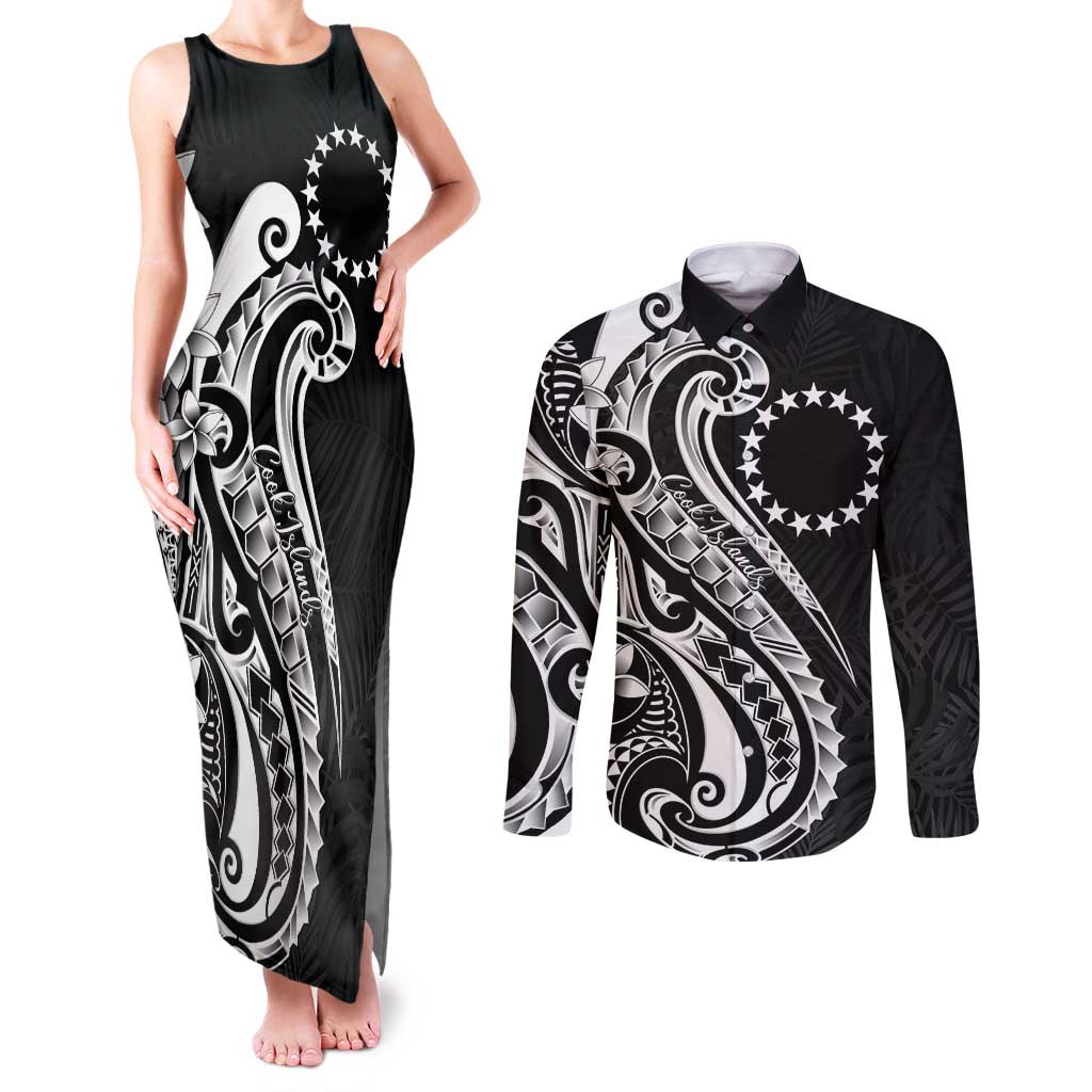 Kia Orana Cook Islands Couples Matching Tank Maxi Dress and Long Sleeve Button Shirt Kerekere Plumeria Tropical Waves - Polynesian Pride