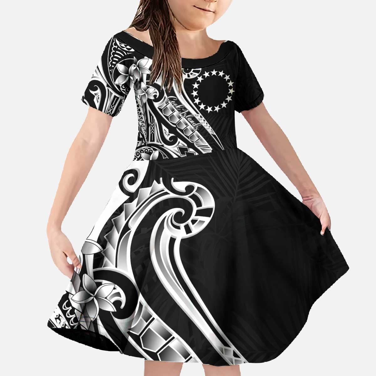 Kia Orana Cook Islands Family Matching Off The Shoulder Long Sleeve Dress and Hawaiian Shirt Kerekere Plumeria Tropical Waves - Polynesian Pride