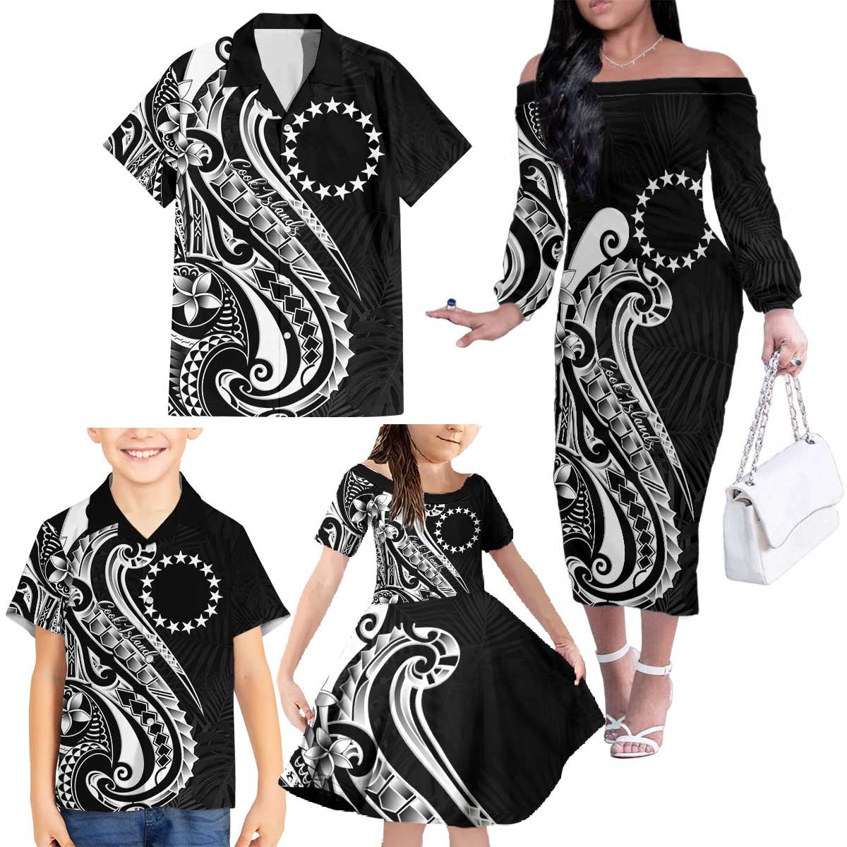 Kia Orana Cook Islands Family Matching Off The Shoulder Long Sleeve Dress and Hawaiian Shirt Kerekere Plumeria Tropical Waves - Polynesian Pride