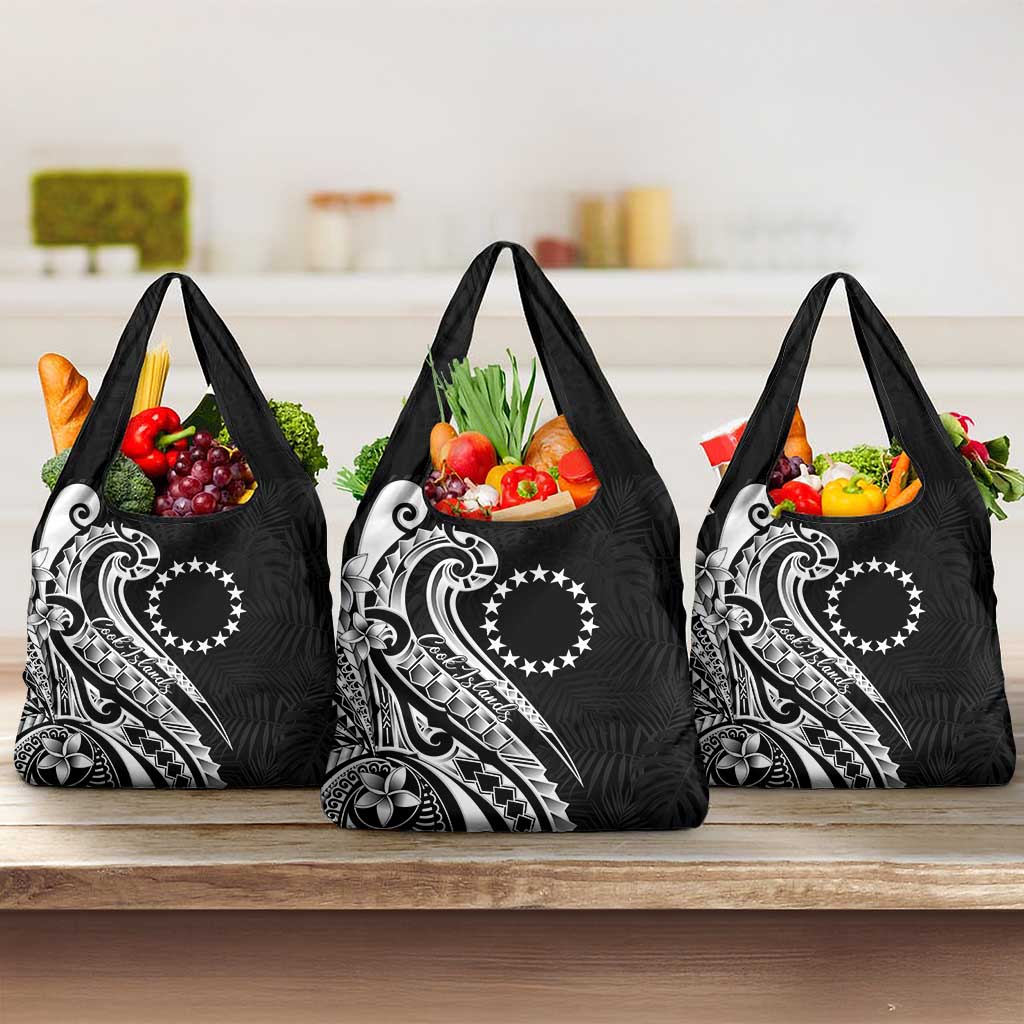 Kia Orana Cook Islands Grocery Bag Kerekere Plumeria Tropical Waves LT7 3-pack One Size Black - Polynesian Pride