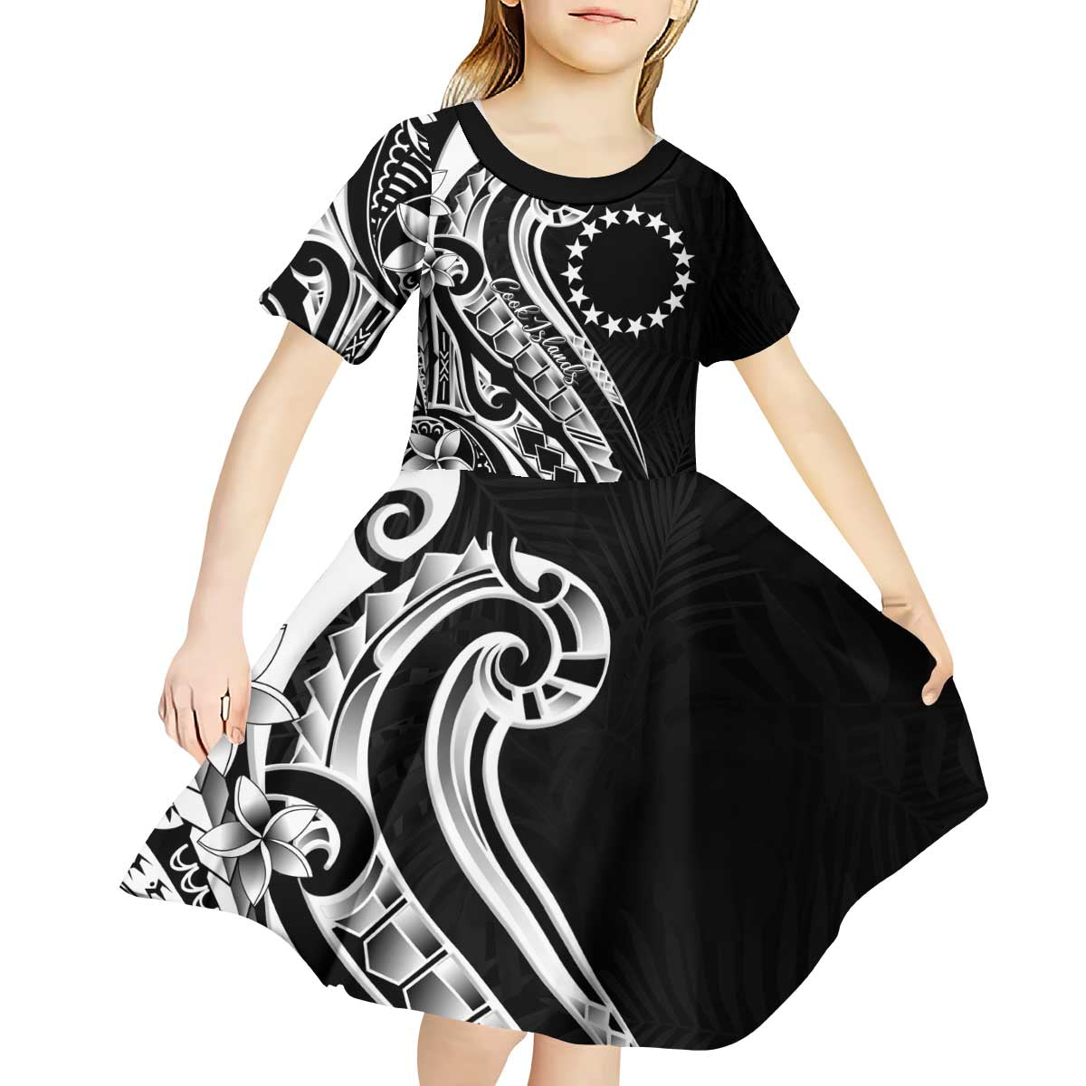 Kia Orana Cook Islands Kid Short Sleeve Dress Kerekere Plumeria Tropical Waves - Polynesian Pride