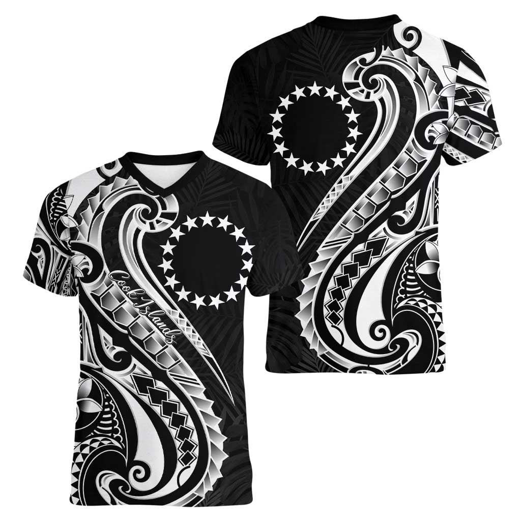 Kia Orana Cook Islands Women V-Neck T-Shirt Kerekere Plumeria Tropical Waves - Polynesian Pride