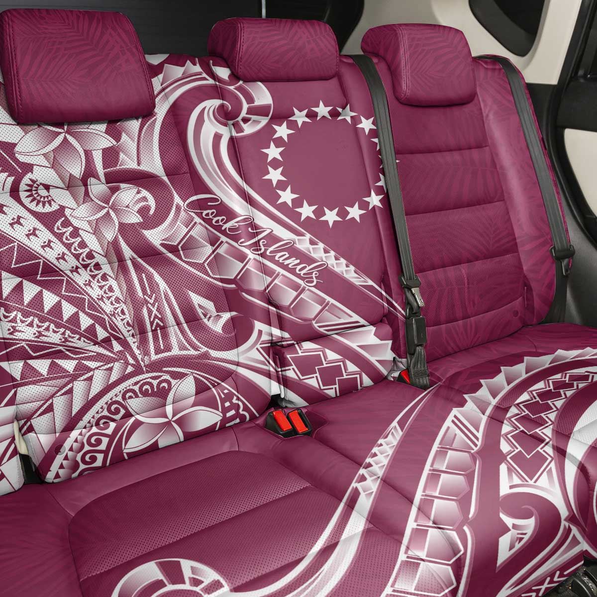 Kia Orana Cook Islands Back Car Seat Cover Maroon Plumeria Tropical Waves - Polynesian Pride