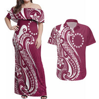 Kia Orana Cook Islands Couples Matching Off Shoulder Maxi Dress and Hawaiian Shirt Maroon Plumeria Tropical Waves - Polynesian Pride
