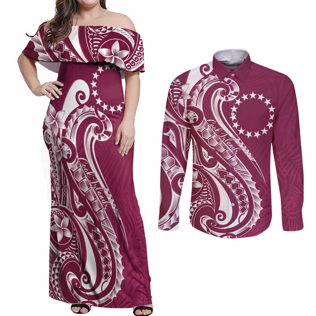 Kia Orana Cook Islands Couples Matching Off Shoulder Maxi Dress and Long Sleeve Button Shirt Maroon Plumeria Tropical Waves - Polynesian Pride
