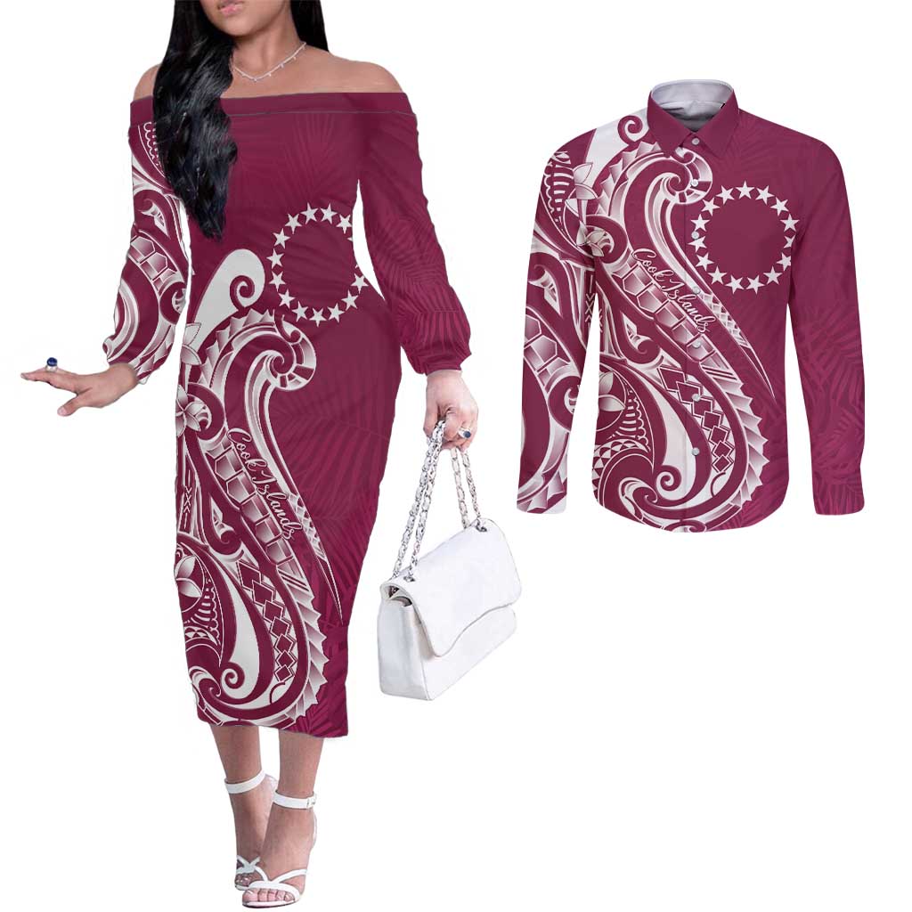 Kia Orana Cook Islands Couples Matching Off The Shoulder Long Sleeve Dress and Long Sleeve Button Shirt Maroon Plumeria Tropical Waves - Polynesian Pride