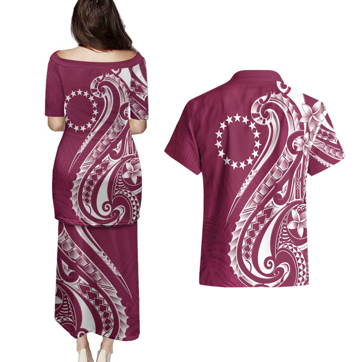Kia Orana Cook Islands Couples Matching Puletasi and Hawaiian Shirt Maroon Plumeria Tropical Waves - Polynesian Pride