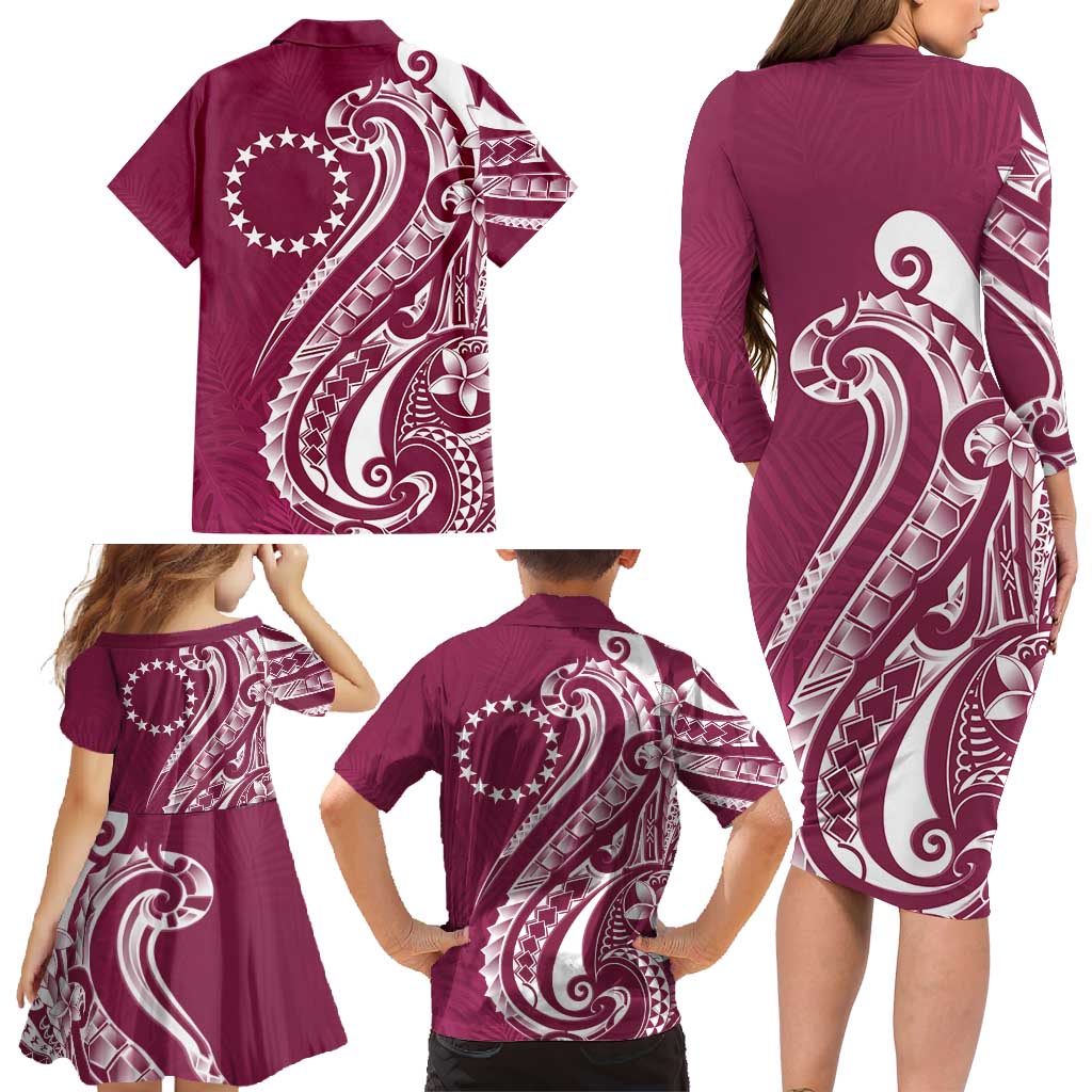 Kia Orana Cook Islands Family Matching Long Sleeve Bodycon Dress and Hawaiian Shirt Maroon Plumeria Tropical Waves - Polynesian Pride
