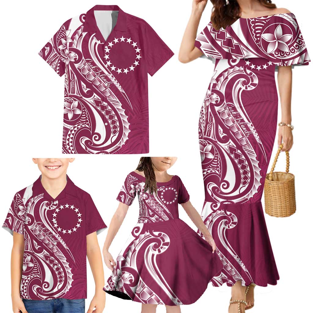 Kia Orana Cook Islands Family Matching Mermaid Dress and Hawaiian Shirt Maroon Plumeria Tropical Waves - Polynesian Pride