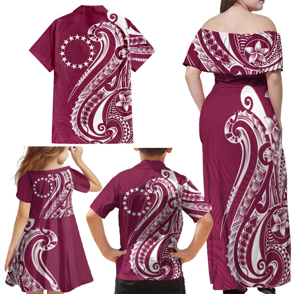 Kia Orana Cook Islands Family Matching Off Shoulder Maxi Dress and Hawaiian Shirt Maroon Plumeria Tropical Waves - Polynesian Pride