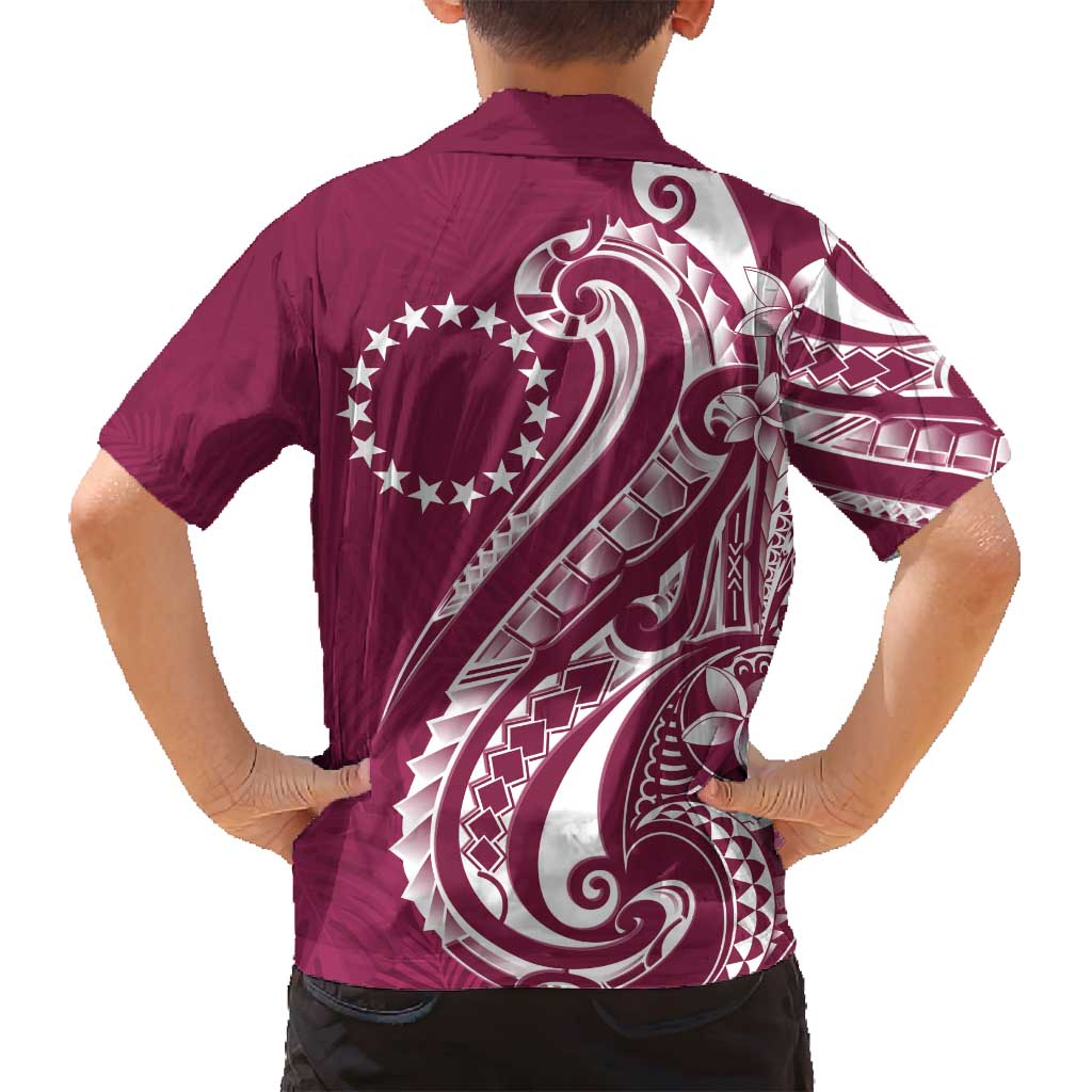 Kia Orana Cook Islands Family Matching Off Shoulder Short Dress and Hawaiian Shirt Maroon Plumeria Tropical Waves - Polynesian Pride