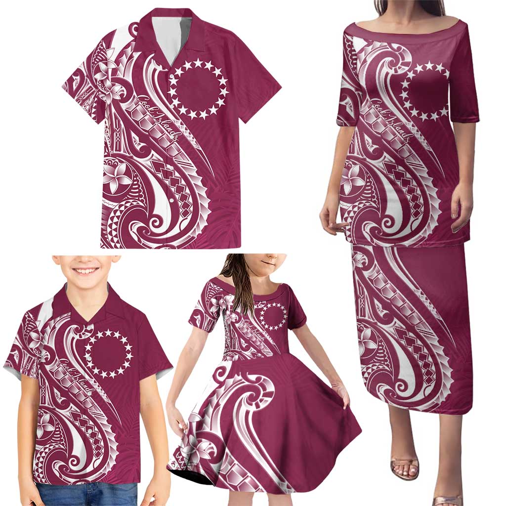 Kia Orana Cook Islands Family Matching Puletasi and Hawaiian Shirt Maroon Plumeria Tropical Waves - Polynesian Pride