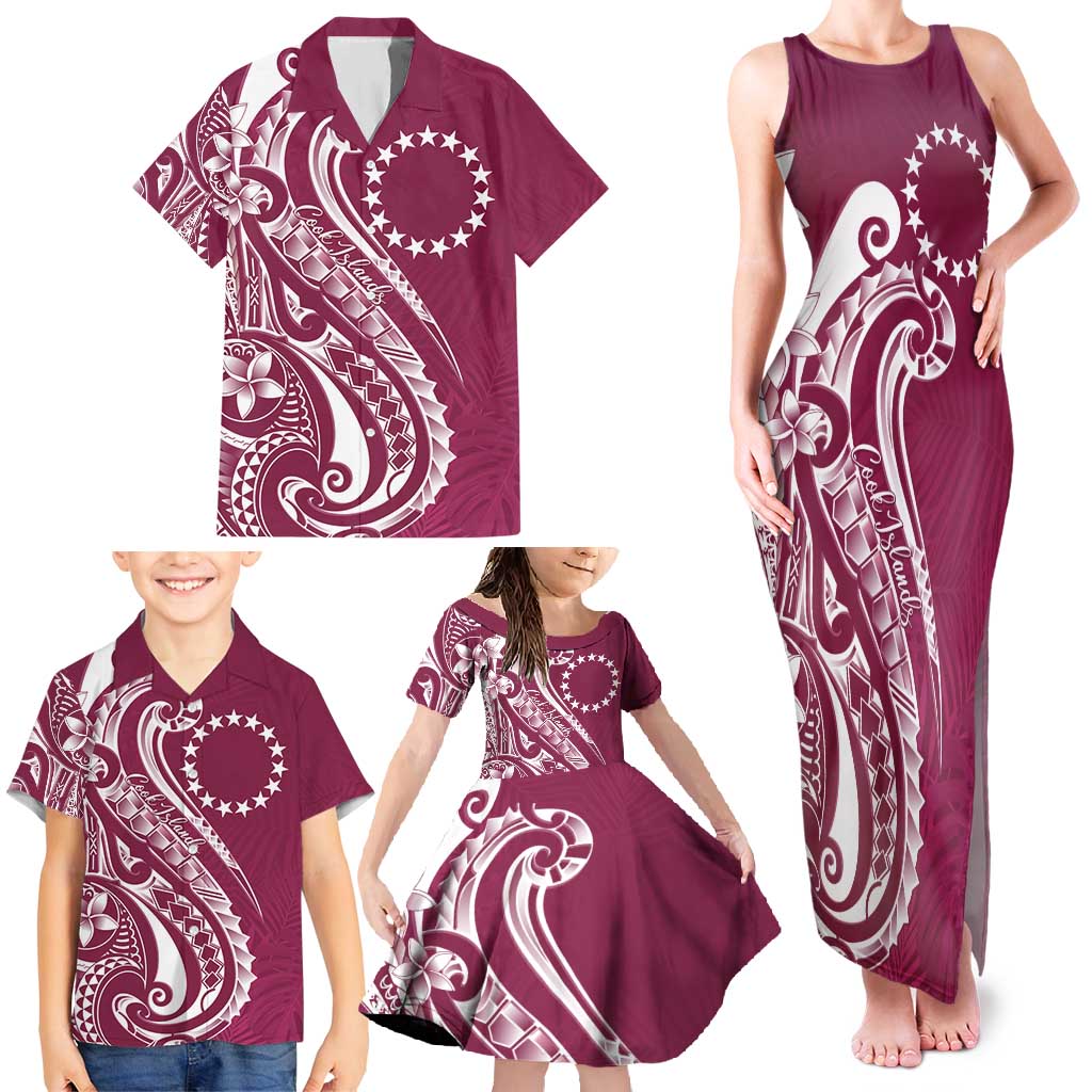 Kia Orana Cook Islands Family Matching Tank Maxi Dress and Hawaiian Shirt Maroon Plumeria Tropical Waves - Polynesian Pride