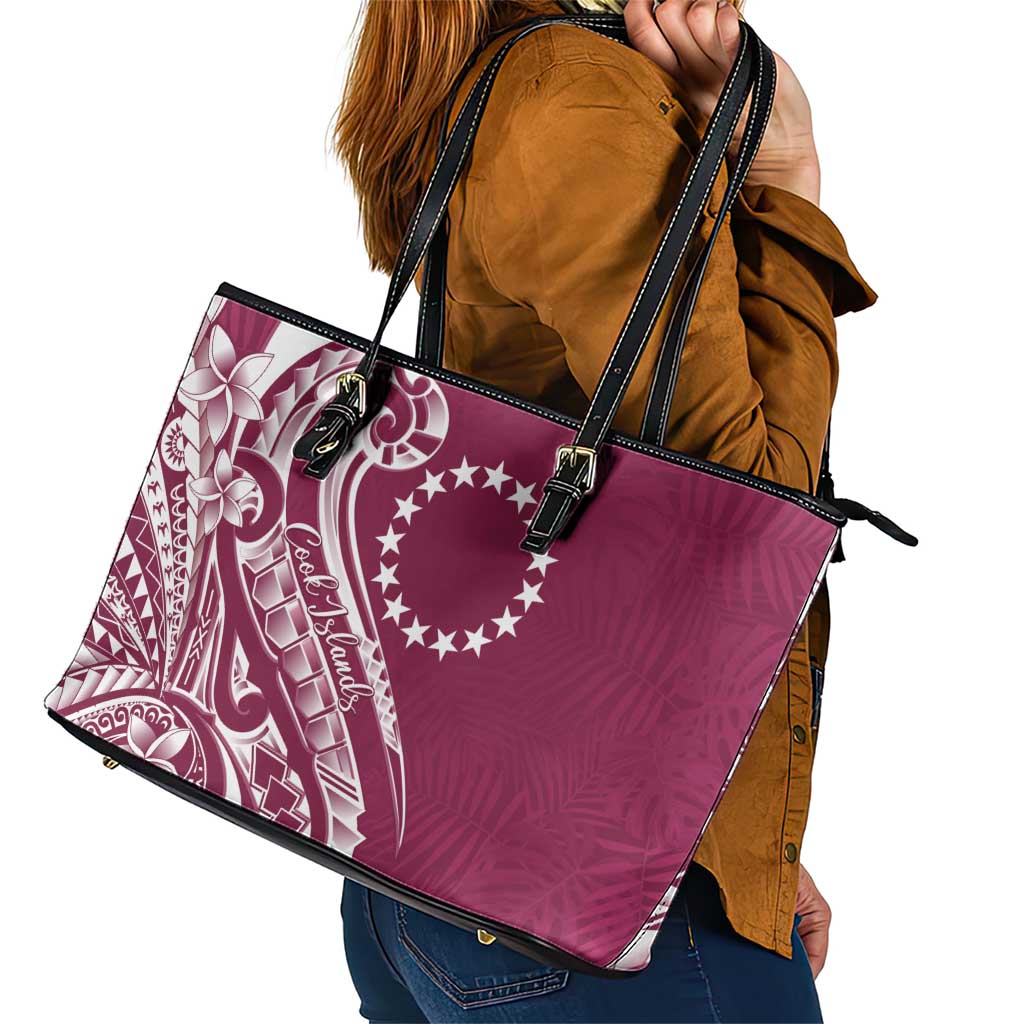 Kia Orana Cook Islands Leather Tote Bag Maroon Plumeria Tropical Waves - Polynesian Pride