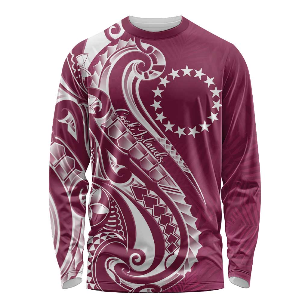 Kia Orana Cook Islands Long Sleeve Shirt Maroon Plumeria Tropical Waves - Polynesian Pride