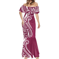Kia Orana Cook Islands Mermaid Dress Maroon Plumeria Tropical Waves - Polynesian Pride