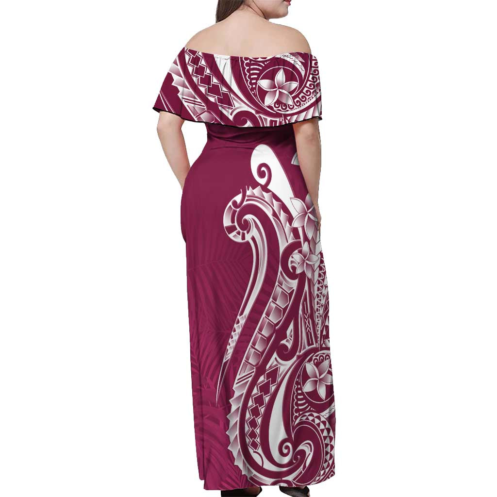 Kia Orana Cook Islands Off Shoulder Maxi Dress Maroon Plumeria Tropical Waves - Polynesian Pride