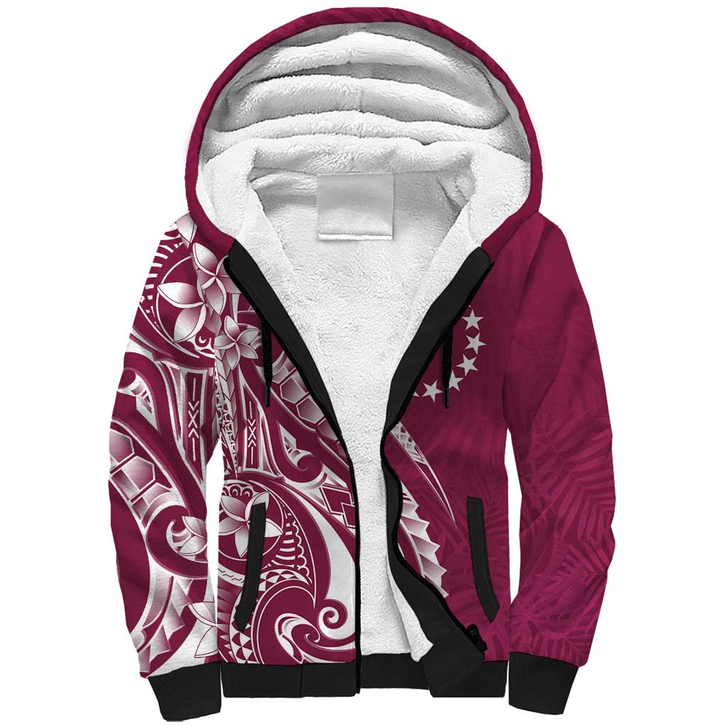 Kia Orana Cook Islands Sherpa Hoodie Maroon Plumeria Tropical Waves - Polynesian Pride
