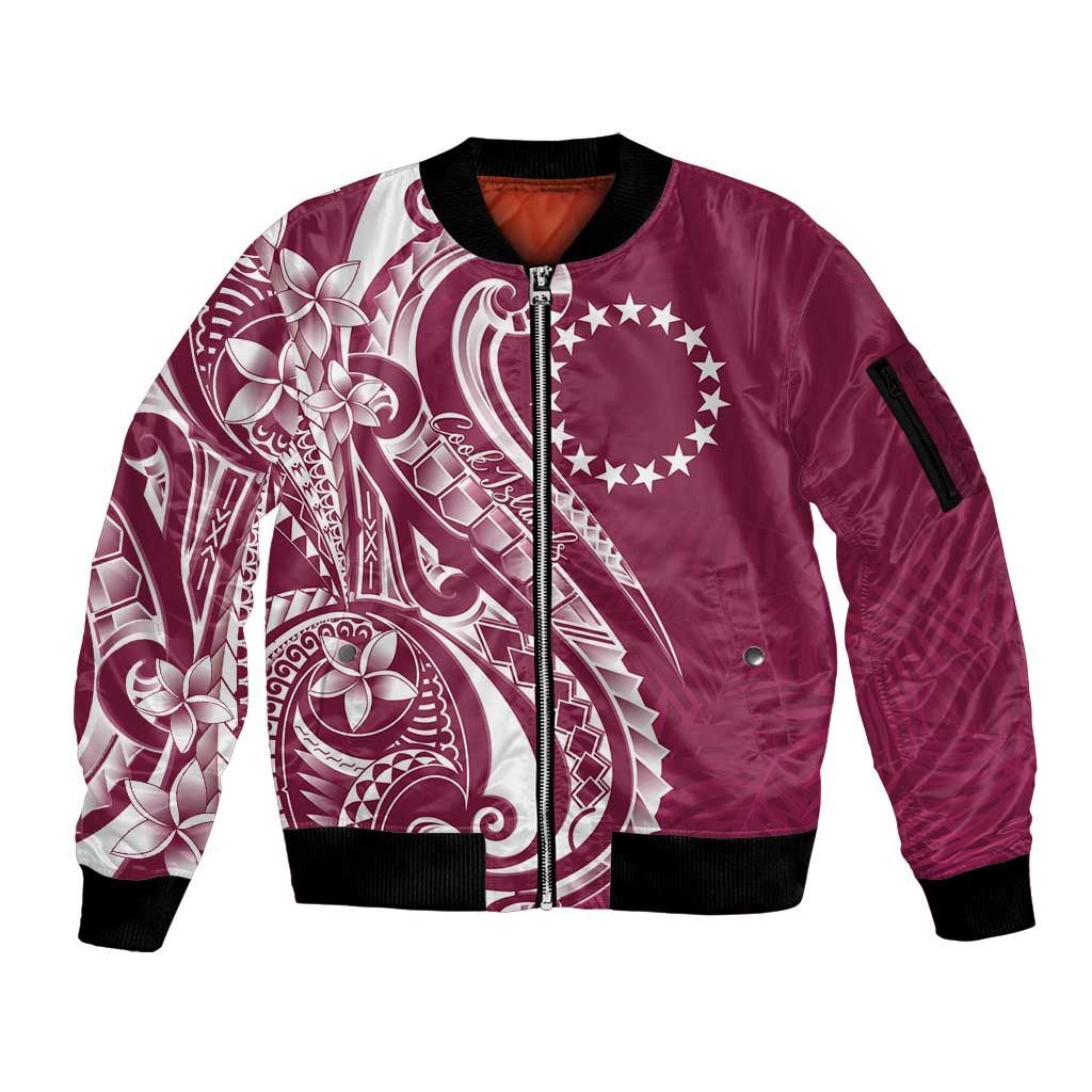 Kia Orana Cook Islands Sleeve Zip Bomber Jacket Maroon Plumeria Tropical Waves - Polynesian Pride