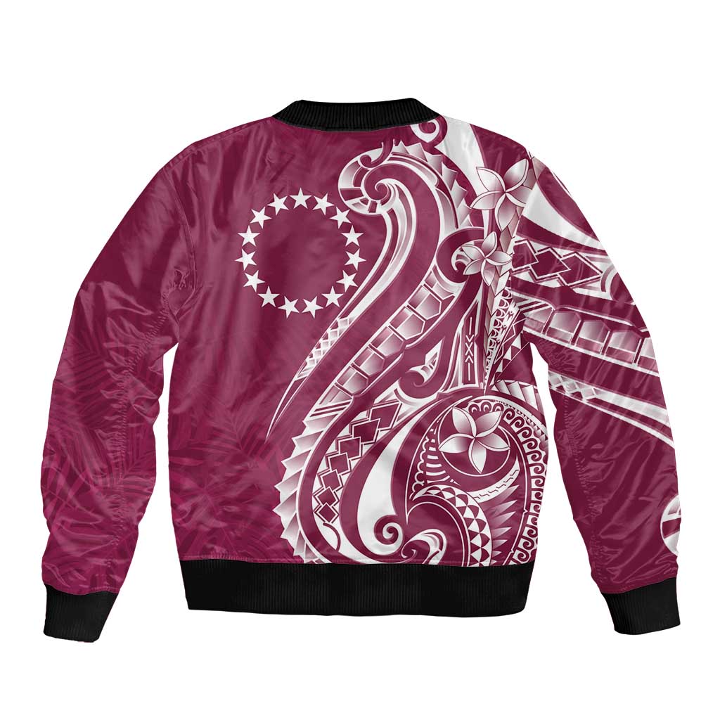 Kia Orana Cook Islands Sleeve Zip Bomber Jacket Maroon Plumeria Tropical Waves - Polynesian Pride