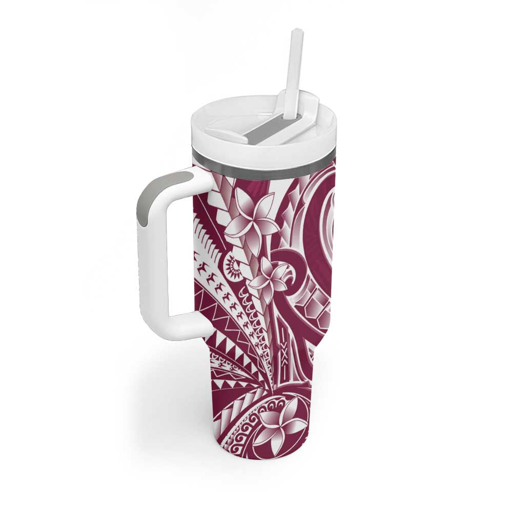 Kia Orana Cook Islands Tumbler With Handle Maroon Plumeria Tropical Waves LT7 - Polynesian Pride